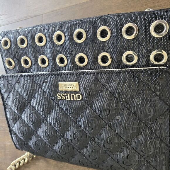 Guess Women's Jordyn Crossbody Handbag Black Grommet Shimmer Small New - Picture 2 of 9